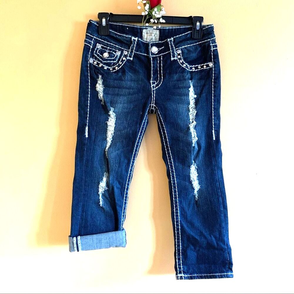 LA.idol Jeans Distressed Denim Capri Crop Jeans Size 30 Low Rise Ripped Y2K 90s